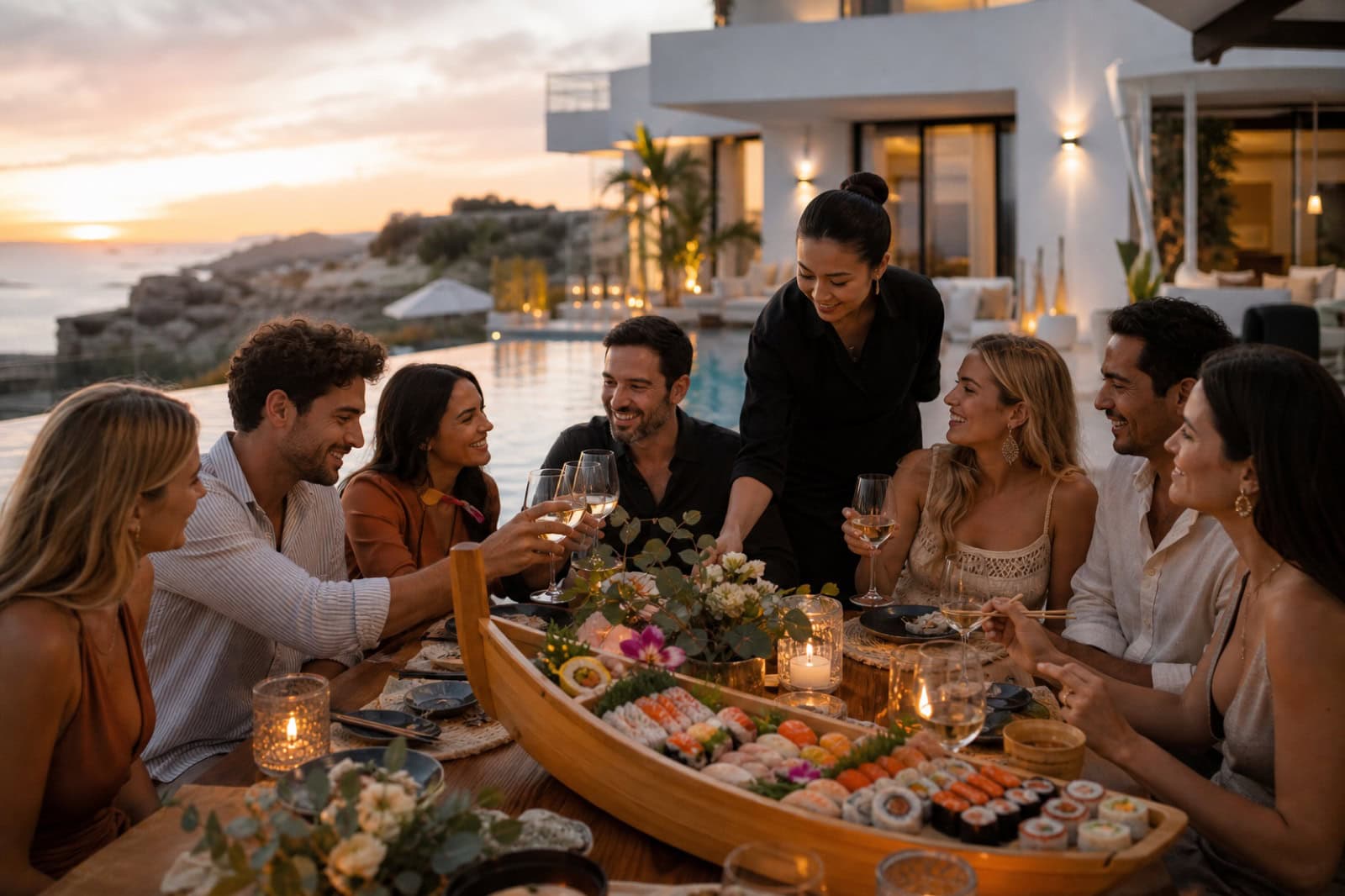 Friends sharing sushi beside a villa pool